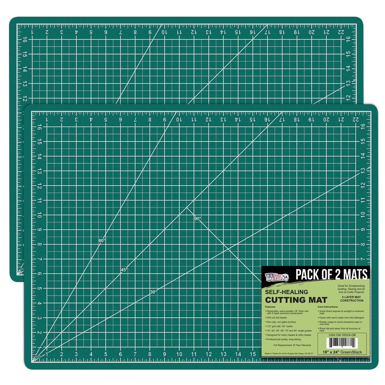 18" x 24" Self-Healing Cutting Mat 5-Ply (2 Pack) - Double-Sided Green/Black Craft Mat, Non-Slip Cutting Mats for Crafts, Sewing, Quilting, Scrapbooking